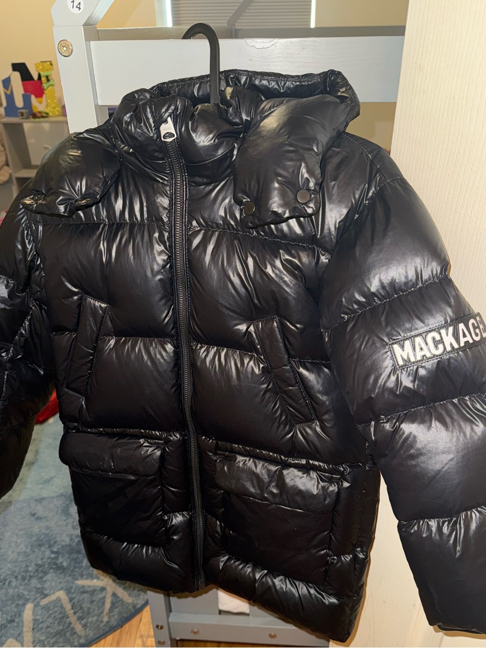 Mackage Kids Shiny Black Puffer Coat with Hood